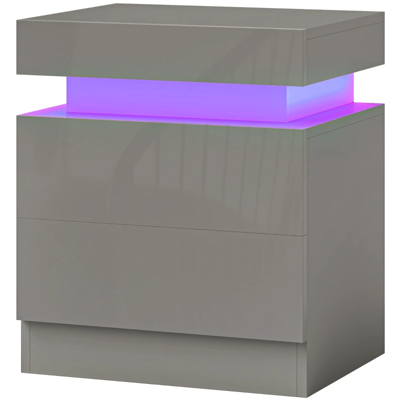 HOMCOM Mesilla de Noche con Luces LED 2 Cajones y Control de APP Mesa de Noche para Dormitorio Salón 45x35x52 cm Gris
