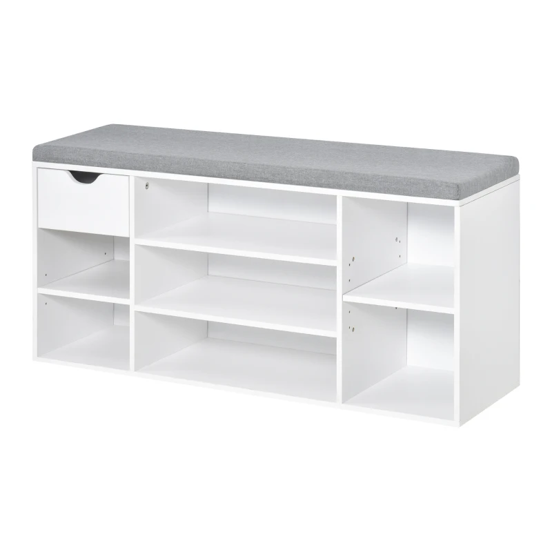 HOMCOM Banco para Sapatos com Almofada de Assento Compartimentos Abertos e Gaveta 101x29x47,5 cm Branco e Cinza