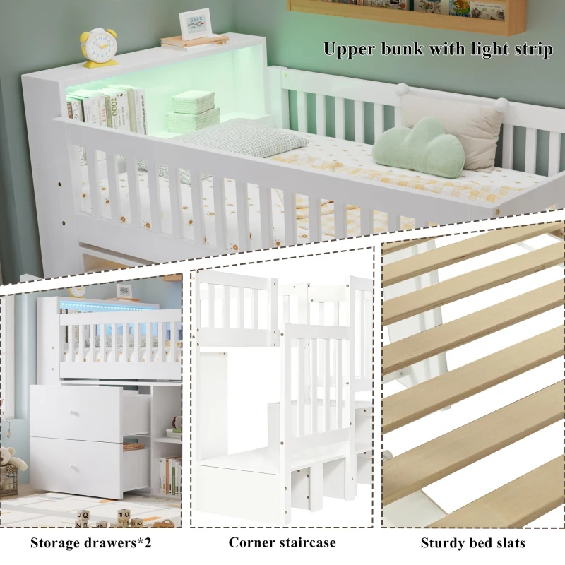 3ft Single Wooden Storage Bed with Headboard Storage and Colourful LED Strips, Single Bed with 2 Drawers, 262L x 95W x 120H cm, White