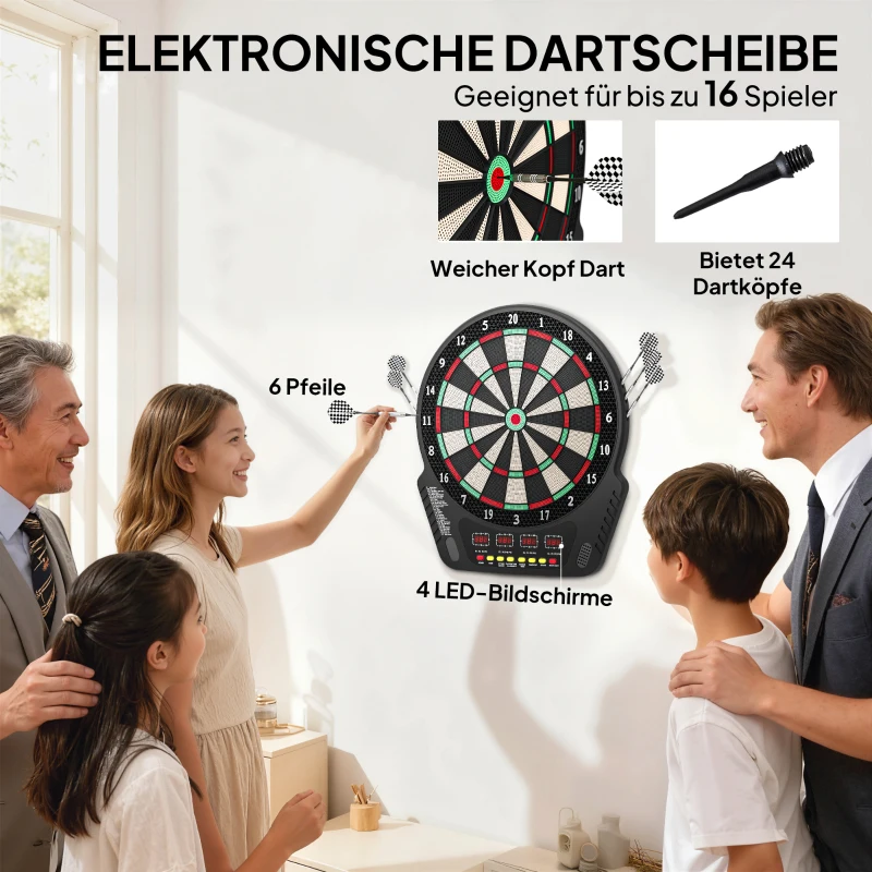 HOMCOM Elektronische Dartscheibe Dartboard Dart-set mit LED Anzeige mit automatischer Wertung Soundeffekte 6 Darts 24 Dartköpfe 27 Spiele und 243 Trefferoptionen für 16 Spieler 44 x 51,5 x 3,2 cm