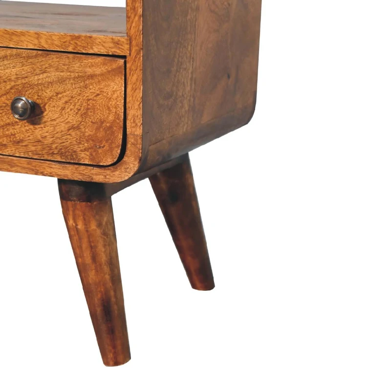 Solid Mango Wood Curved Media Unit with Drawer and Open Slot, Hand‑finished TV Cabinet for Organised Storage, 30L x 60W x 45H cm, Brown