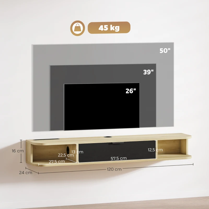 HOMCOM Móvel de Tv Suspenso 120 cm Móvel para Televisão Até 50" Gaveta Basculante 2 Prateleiras 120x24x16cm Madeira Natural e Preto