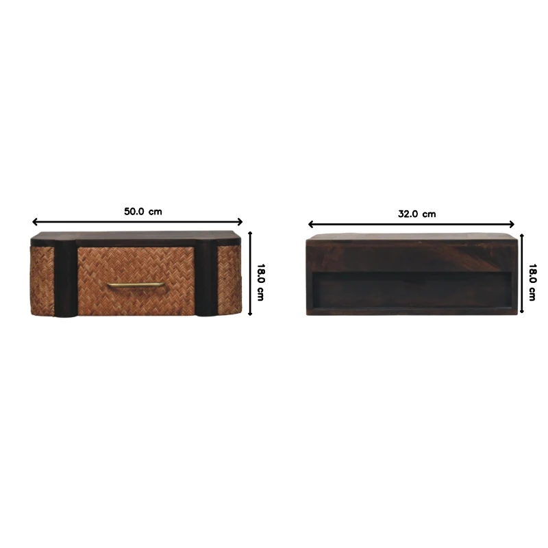 Handcrafted Solid Wood Wall-Mounted Bedside Drawer with Spacious Drawer, Bedside Table with Bronze Metal Accent, 32L x 50W x 18H cm, Brown