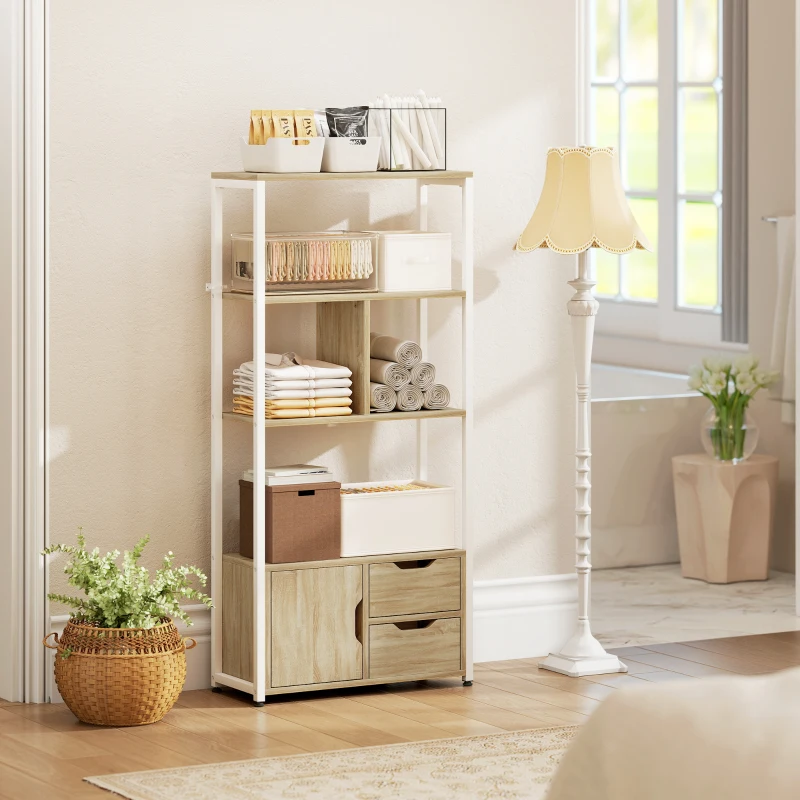 HOMCOM Estante para Livros com Armário e 2 Gavetas de Armazenamento para Escritório Sala de Estar 58x24x122 cm Madeira e Branco