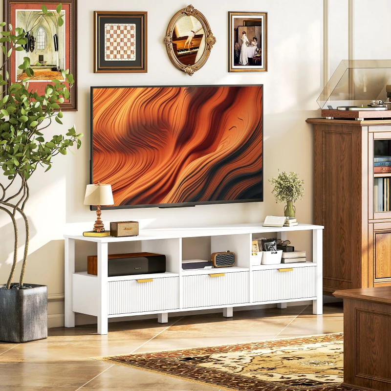 HOMCOM Meuble TV 152 cm, meuble télé pour téléviseur 65 pouces avec 3 tiroirs et 3 étagères ouvertes, 152x39,5x50cm, blanc