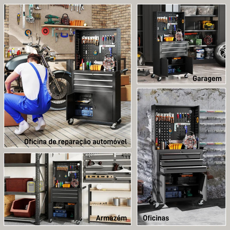 HOMCOM Carrinho de Ferramentas com 3 Gavetas e Painel de Perfurado Fechadura com Chave Prateleira Ajustável 2 Rodas com Travão de Bloqueio 69x33x133 cm Preto