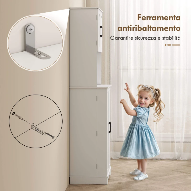 HOMCOM Credenza da Cucina Alta Stile Country, 2 Armadietti e 8 Portaspezie, 60x40x181.5 cm, Bianco