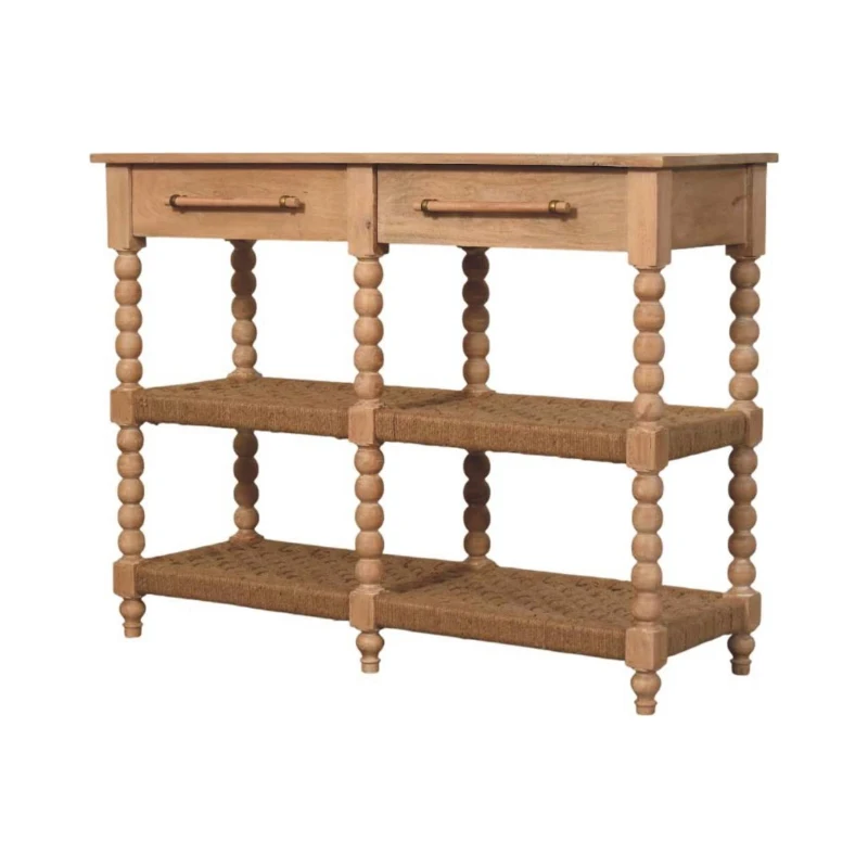 Solid Wood Savoy Bobbin Console Table with Shelves and 4 Shelves, Bedside Table with 2 Smooth-Gliding Drawers, 40L x 115W x 88H cm, Brown