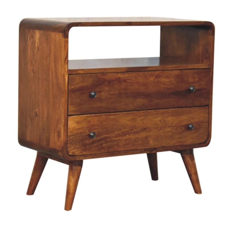 Solid Mango Wood Curved Nordic Bedside Chest with 2 Smooth-Gliding Drawers, Open Shelf, Table with Slim Nordic Legs, 35L x 70W x 70H cm, Brown