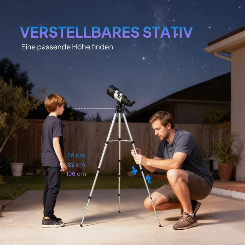 Outsunny Teleskop, 70 mm Objektiv, 5 x 24 Fernrohr, verstellbares Stativ, Silberfarben