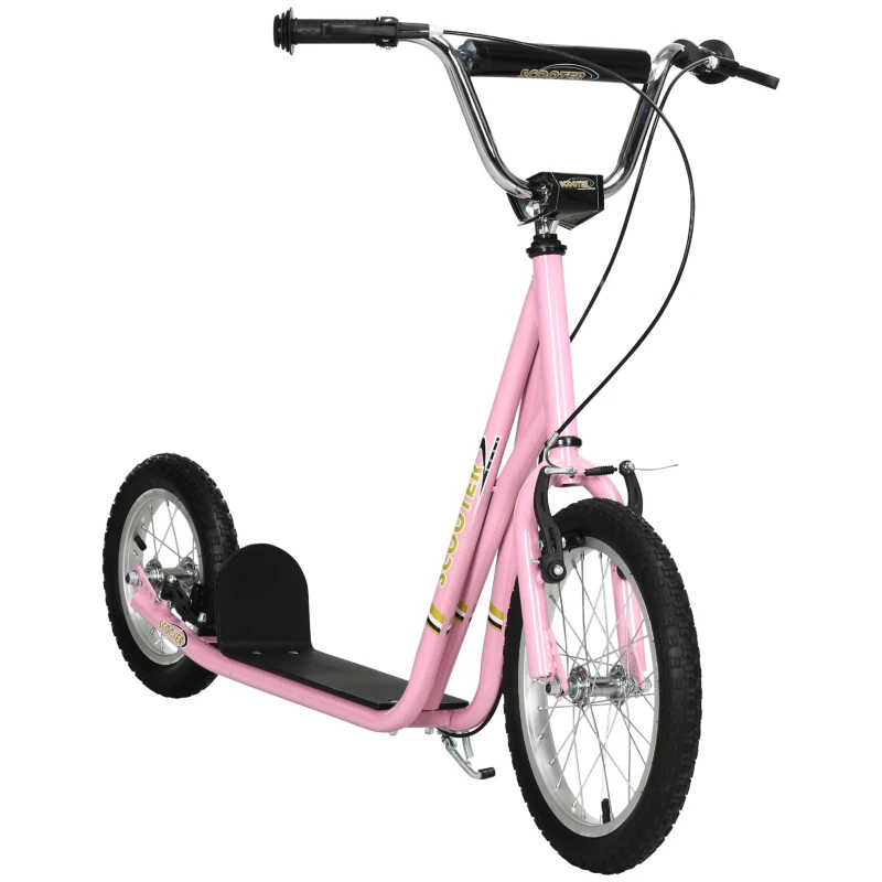 HOMCOM Patinete para Niños Mayores de 5 Años Scooter de 2 Ruedas Grandes con Doble Freno y Manillar Ajustable en Altura para Adolescentes Adultos 135x58x92-100 cm Rosa