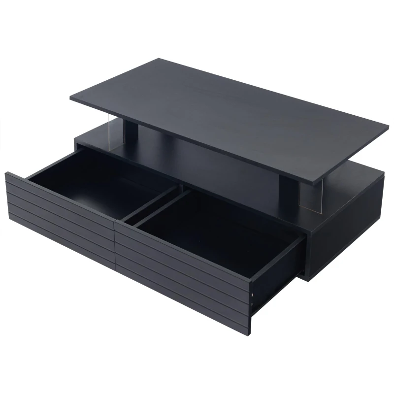 Modern Coffee Table with App-Controlled LED, 2-Drawer and Open Storage, Centre Table with USB-Powered, 100L x 50W x 42.5H cm, Black