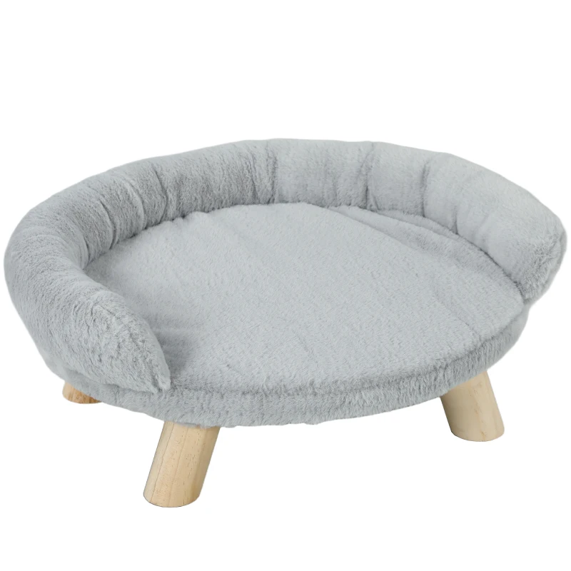 PawHut Sofá para Cão Cama para Cão Removível Lavável Revestimento em Pelúcia Pés em Madeira de Pinho Robustos 47x40x20 cm Cinza