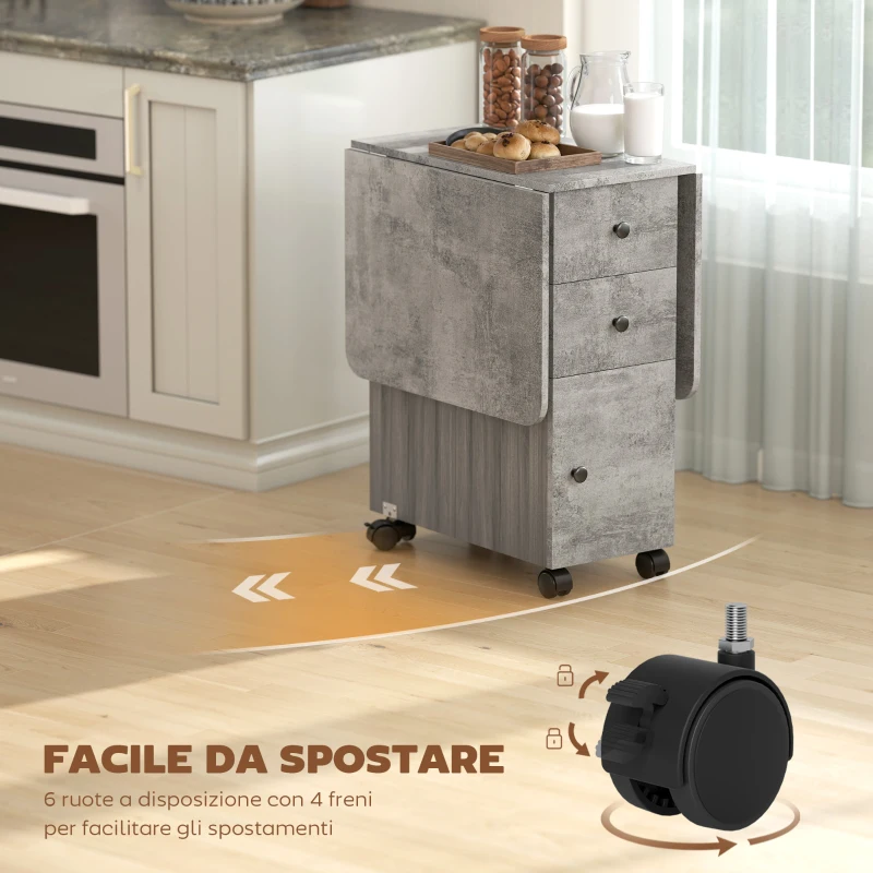 HOMCOM Tavolo Pieghevole con 2 Cassetti e Armadietto, 6 Rotelle e Freni, 120x60x76.5 cm, Grigio Legno e Roccia