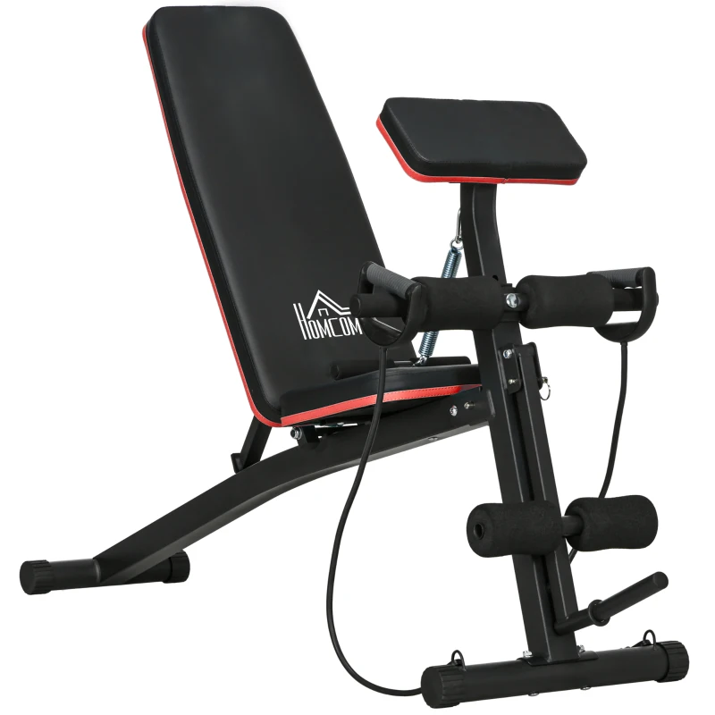 HOMCOM Banc de musculation pliable inclinable, banc réglable pour le développé couché, le curl biceps, la musculation du dos et des abdominaux, avec extenseur des jambes, acier, noir rouge