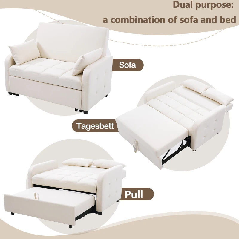 Multifunctional Folding Sofa Bed with Adjustable Backrest and 2 Cushions, Daybed Ideal for Small Flats, 127L x 75-180W x 94H cm, Off White