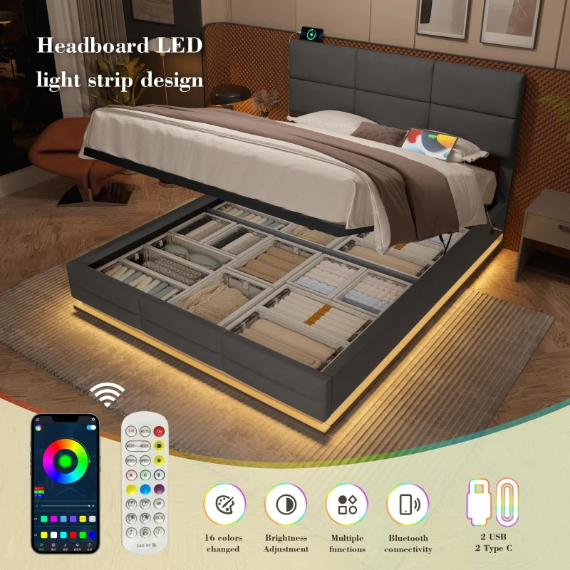 Modern Velvet Upholstered Bed with 3-Stage Adjustable Headboard, Double Bed with LED Lighting and USB, 155L x 202W x 115H cm, Dark Gray