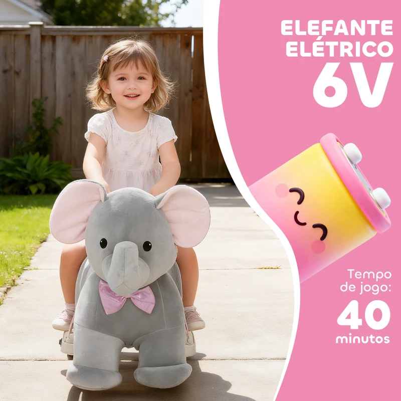 AIYAPLAY Elefante Elétrico com Música Bateria 6V com Toque Suave Rodas Silenciosas de PU e Pedal 74x34x51 cm Cinzento