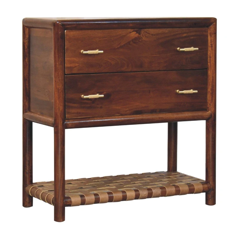 Solid Mango Wood Bedside Table with Regency‑Style Woven Detailing, Desk with 2 Smooth‑Gliding Drawers and Open Shelf, 35L x 75W x 80H cm, Brown