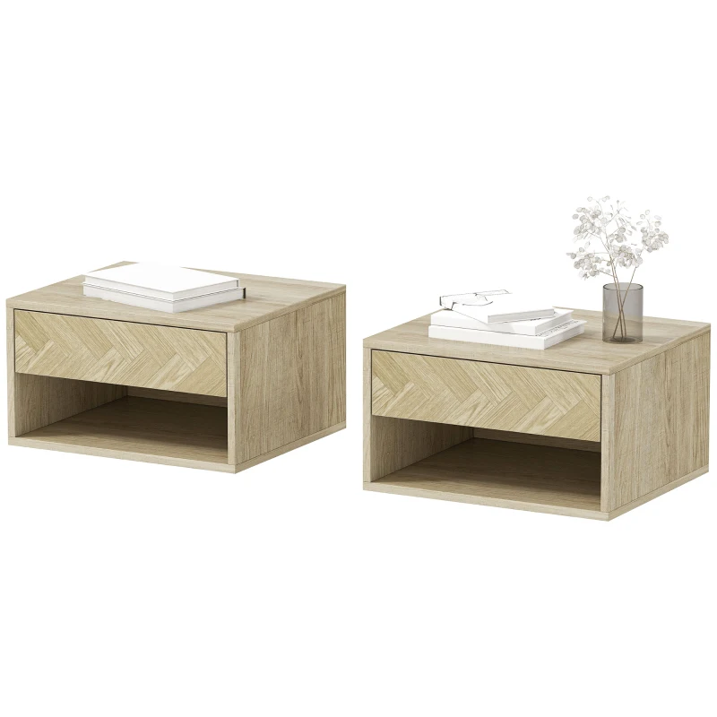HOMCOM Set of 2 Modern Wall-Mounted Nightstands with Drawer and Open Shelf, 37x32x21 cm, Natural Wood