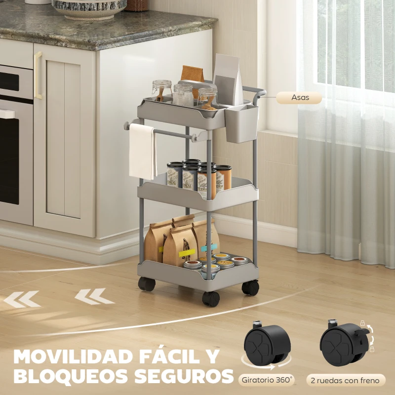 HOMCOM Carrito Auxiliar con Ruedas de 3 Niveles Carrito de Cocina con Cestas Extraíbles y Soporte para Toallas Gris