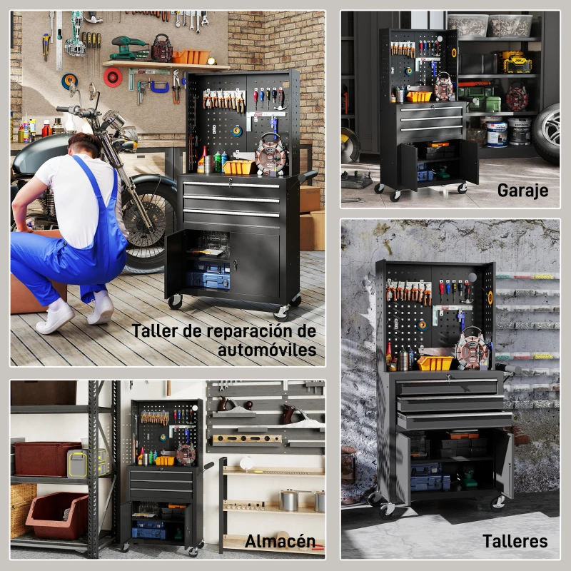 HOMCOM Carro de Herramientas con 3 Cajones Tabla de Pegboard Cerradura por Llave Estante Ajustable 2 Ruedas con Freno Negro