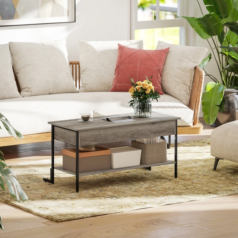 HOMCOM Mesa de Centro com Tampo Elevável Mesa de Sala com Compartimento Oculto e Prateleira Aberta 95x40x59cm Cinza