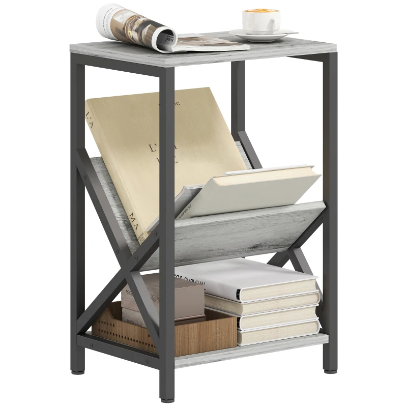 HOMCOM Mesa de Apoio Estreita Mesa Lateral com Armazenamento em 3 Níveis Porta-Revistas em V Estrutura em Aço 40x30x61cm Cinza Escuro