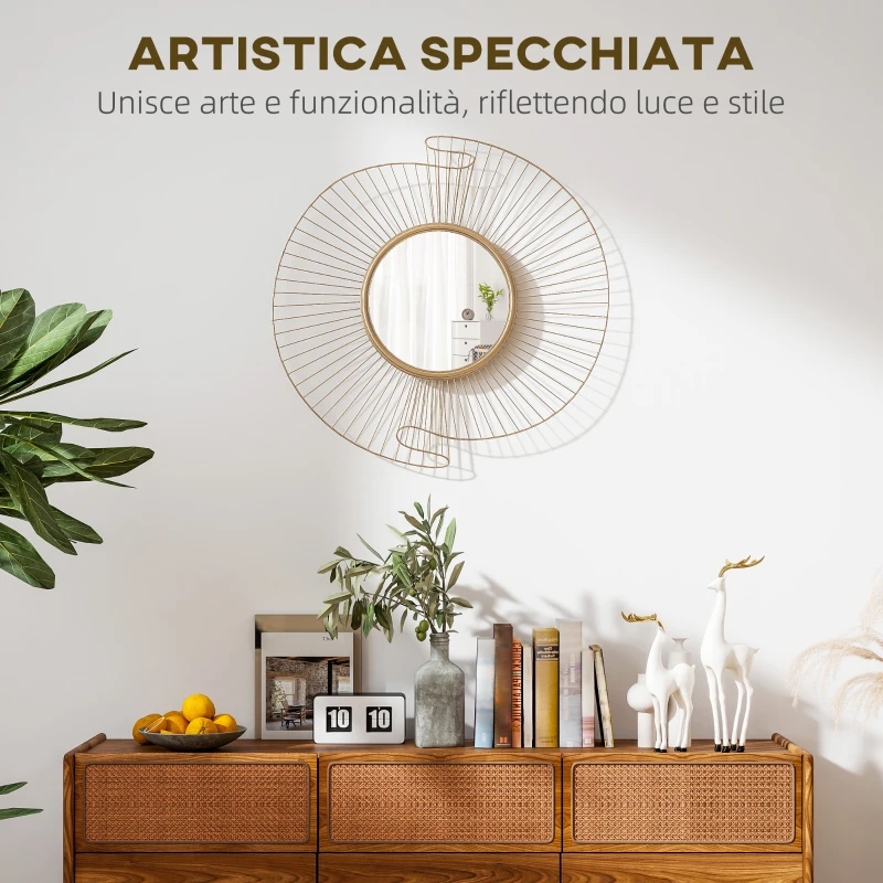 HOMCOM Specchio da Parete Rotondo con Strisce in Metallo e Design Plissettato, 60x60 cm, Oro