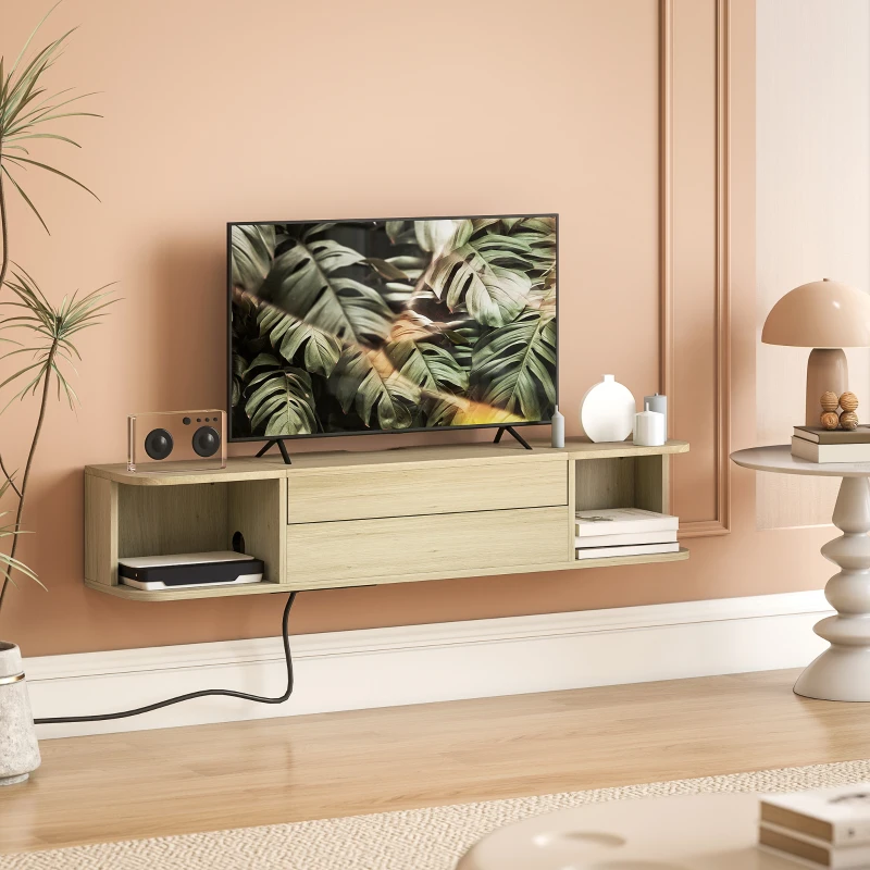 HOMCOM Meuble TV suspendu meuble télé pour téléviseur 50 pouces tiroir étagères passe-câbles 120x24x22,4cm effet bois naturel