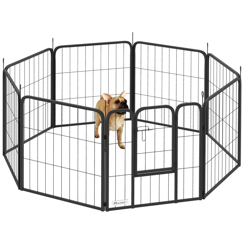 PawHut Parque para Cães Recinto 8 Painéis Modular e Dobrável Aço com Porta para Filhote Interior Exterior 60 cm Preto