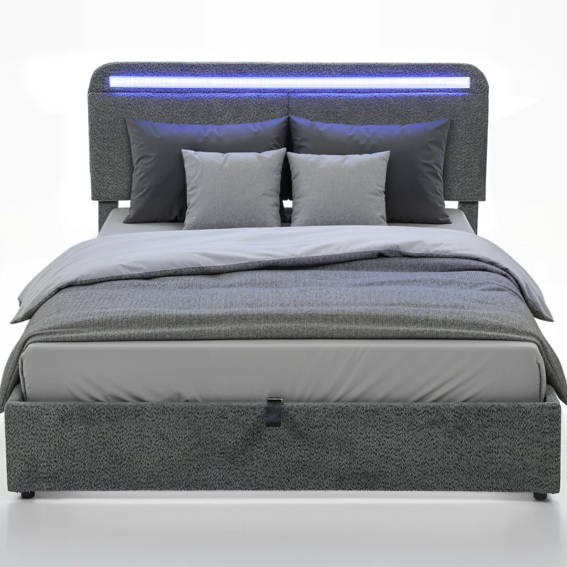 HOMCOM Lit coffre 140 x 190 cm avec éclairage LED, tête de lit réglable, cadre de lit double, sommier à lattes en bois, gris