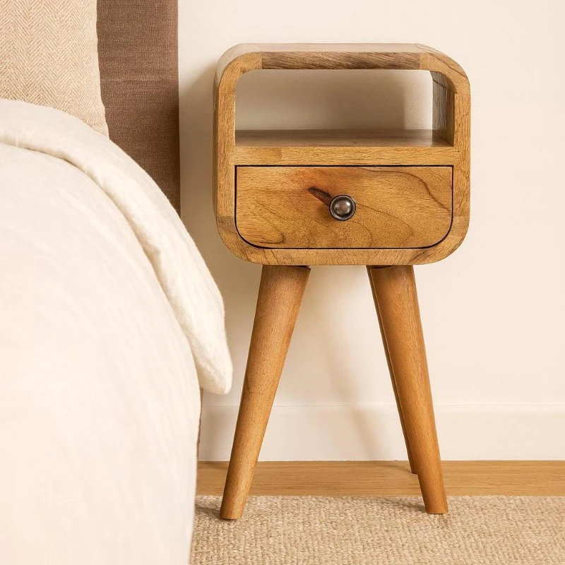 Solid Mango Wood Mini Curved Bedside with Spacious Drawer and Open Slot, Table with Space-saving Storage, 20L x 20W x 40H cm, Brown