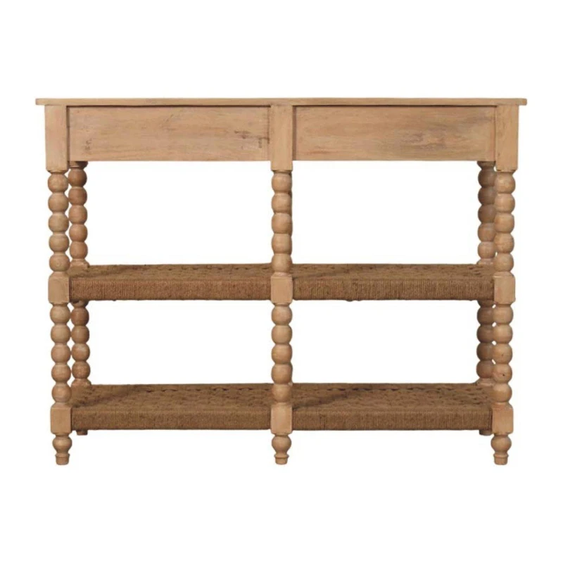 Solid Wood Savoy Bobbin Console Table with Shelves and 4 Shelves, Bedside Table with 2 Smooth-Gliding Drawers, 40L x 115W x 88H cm, Brown