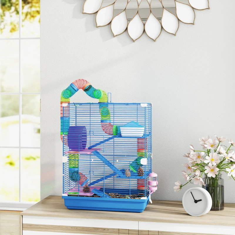 PawHut Cage pour hamster rongeur 4 étages avec tunnels mangeoire roue maison échelles 46 x 30 x 58 cm bleu(m-10)