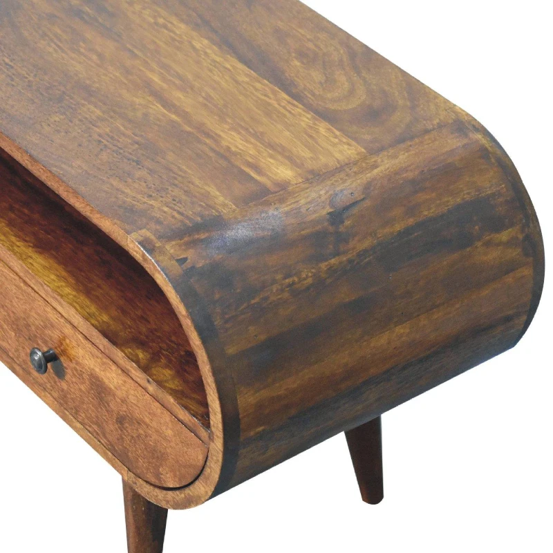 100% Solid Mango Wood Round TV Stand with 2 Smooth‑Gliding Drawers and Open Slot, Table for Living Room, 35L x 90W x 45H cm, Brown