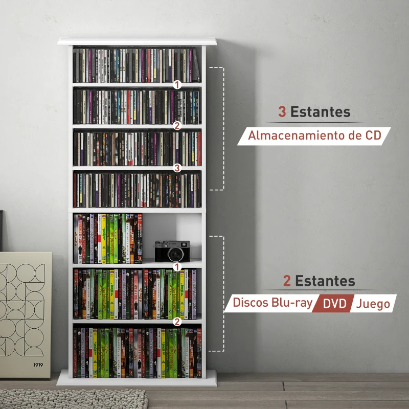 HOMCOM Estantería para CDs y DVDs Estrecha con 8 Compartimentos Estantes Ajustables 58x24x126,3 cm Blanco