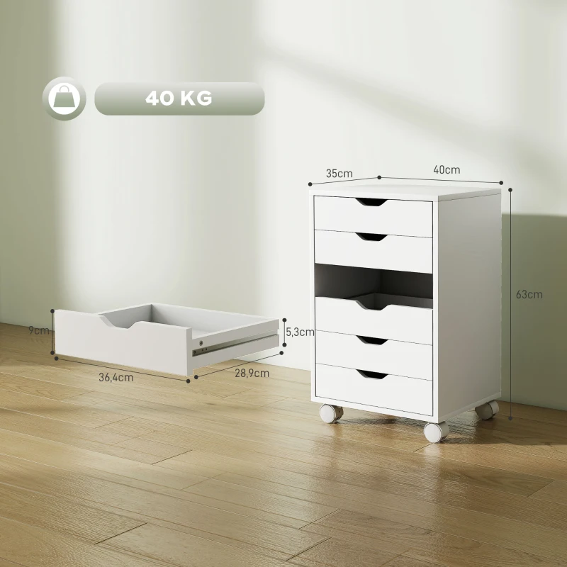 HOMCOM Bloco de Gavetas Móvel Arquivador com 6 Gavetas Suporte para Impressora com Rodas 40x35x63 cm Branco