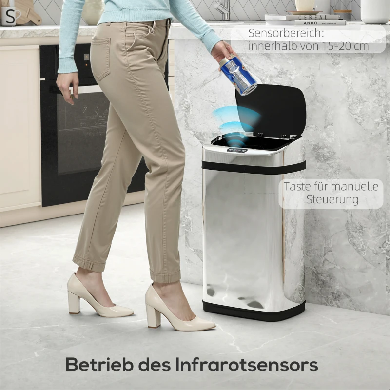 HOMCOM Sensor Mülleimer 30L Edelstahl Automatischer Mülleimer mit Bewegungssensor, Abfalleimer Müllbehälter Abfallbehälter für Büro, Schlafzimmer, Küchen Silber