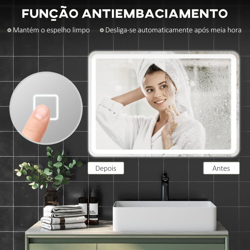 HOMCOM Espelho Casa de Banho com Luzes LED 70x100 cm Função Antiembaciamento 3 Temperaturas de Cor Ajustável e Função de Memória Prata
