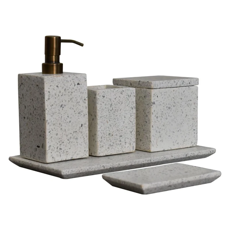 5-Piece Marble Bathroom Accessory Set with Timeless Design, Hand-finished Artisan Pieces with Versatile Styling, 7.5L x 7.5W x 19H cm, White