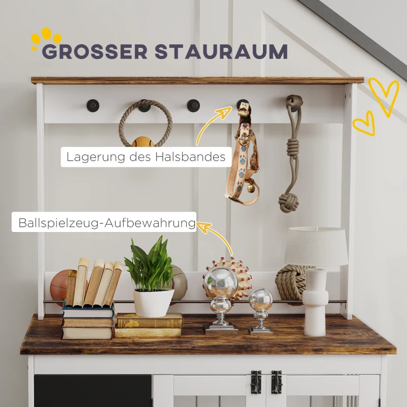 PawHut Hundebox mit Aufbewahrungsregal für Spielzeug, Haken für Leinen, Schreibtafel, Radiergummi, für große Hunde, Weiß(m-5)
