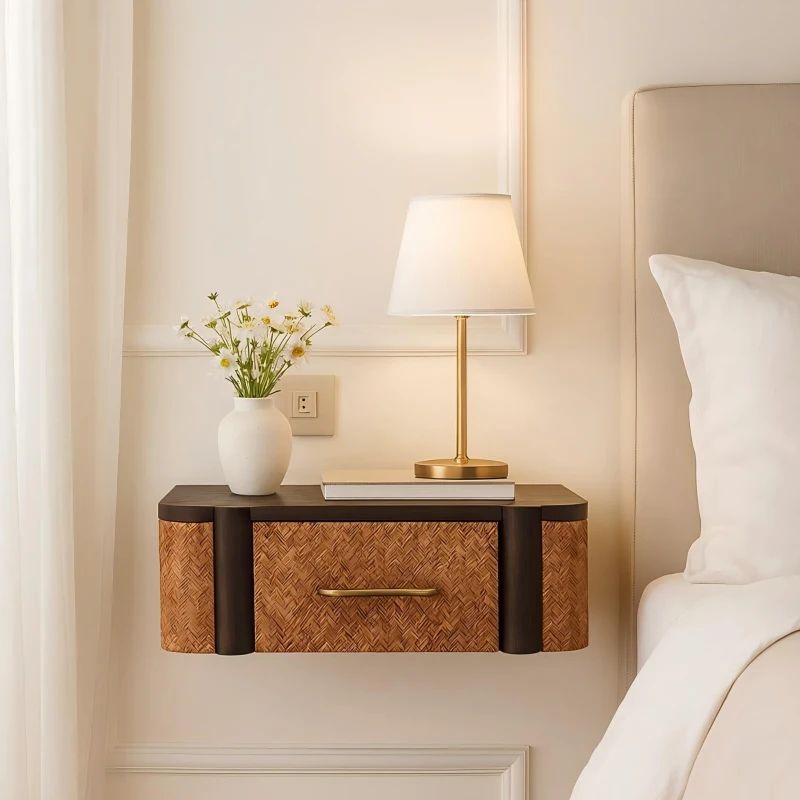 Handcrafted Solid Wood Wall-Mounted Bedside Drawer with Spacious Drawer, Bedside Table with Bronze Metal Accent, 32L x 50W x 18H cm, Brown