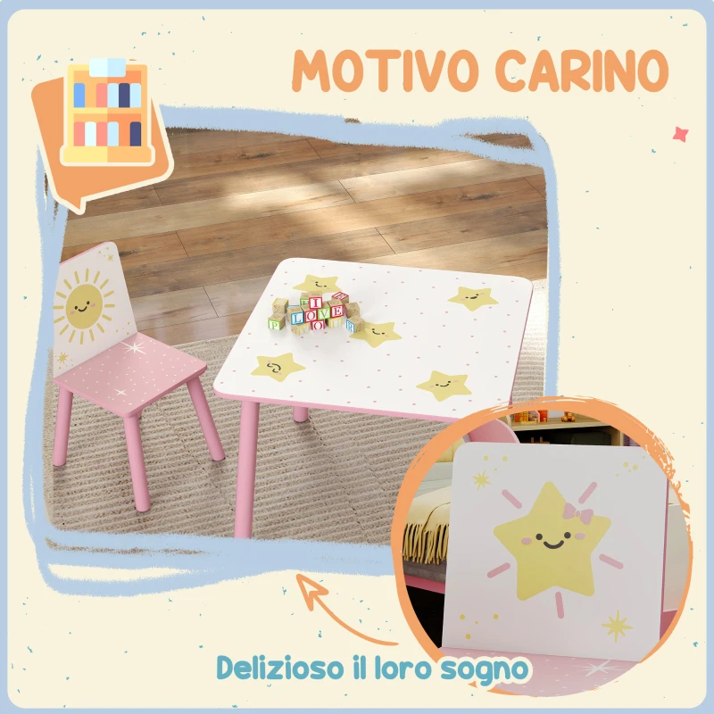 AIYAPLAY Set Arredo Cameretta con Tavolo e 2 Sedie per Bambini da 3-8 Anni con Fantasia a Stelle, Rosa