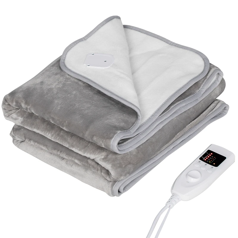 HOMCOM Electric Heated Blanket Throw 140 x 160cm with Dual Controllers, Machine Washable Heated Throw Blanket with Ultra Soft Flannel Fabric, 5 Heating Levels, 10 Hour Timer, Grey