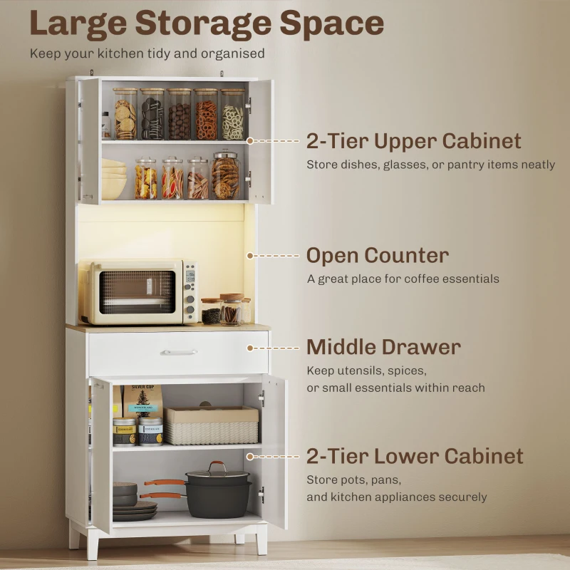 HOMCOM Credență Modernă cu Lumini, Prize USB, 2 Dulapuri și Sertar Alb