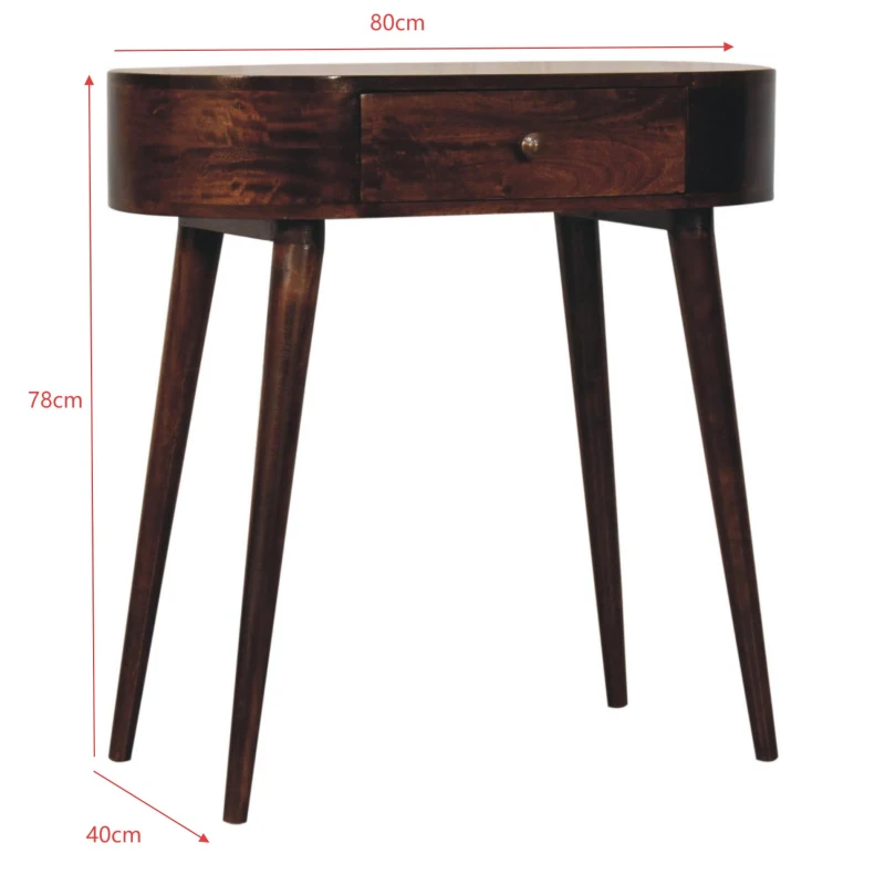 Solid Wood Console Table with Rounded Edges and Drawer, Compact Mid‑Century Bedside Table for Living Room, 40L x 80W x 78H cm, Brown