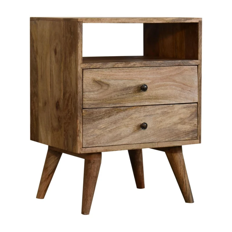 Solid Mango Wood Bedside Table with 2 Smooth‑Gliding Drawers and Open Shelf, Hand‑Finished Desk with Durable Storage, 35L x 45W x 60H cm, Brown