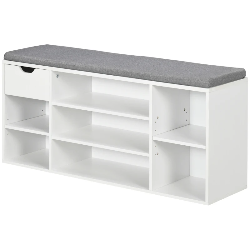 HOMCOM Banco para Sapatos com Almofada de Assento Compartimentos Abertos e Gaveta 101x29x47,5 cm Branco e Cinza