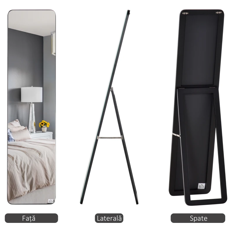 HOMCOM Oglindă de Podea sau Perete cu Cadru din Lemn, Oglindă cu Suport, Pliabil cu Balama, 37x43x156 cm, Nuc